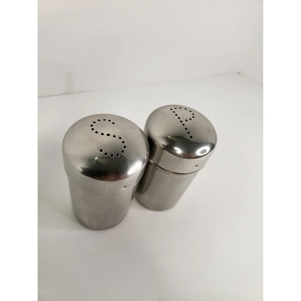 Vintage Stainless Steel Salt and Pepper Shakers Set Brushed Metal S P Lids